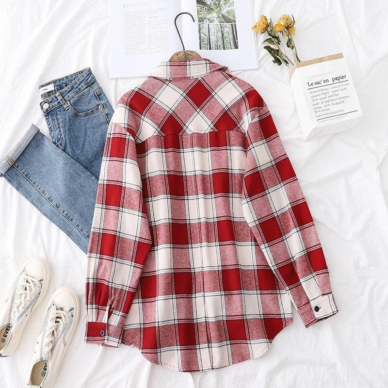 New Arrival Women Blouse -Long Sleeve Plaid Shirt - Turn Down Collar - Button Up (TB4)
