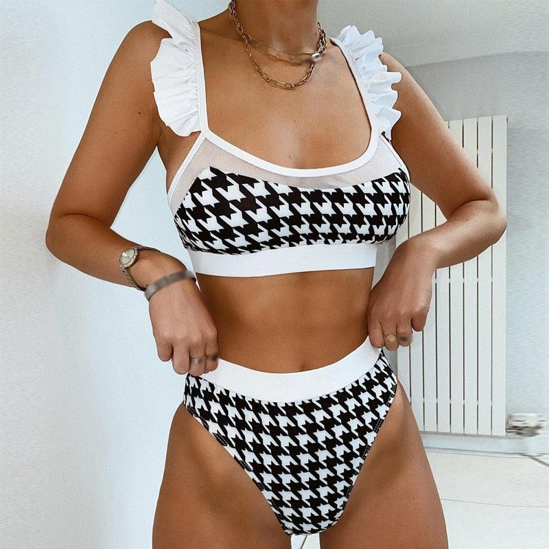 High Waist Women Swimsuit - Female Plaid Bikini Set -Transparent Bathing Suit (TB8D)(F26)