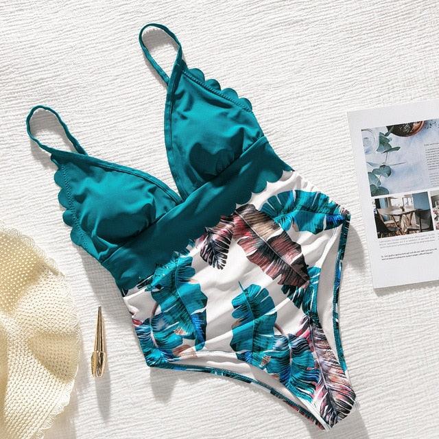 Great Sexy Floral Print Bodysuits - V Neck Swimsuit - One Piece Ruffled Women Swimwear - Bathing Suit (TB8D)