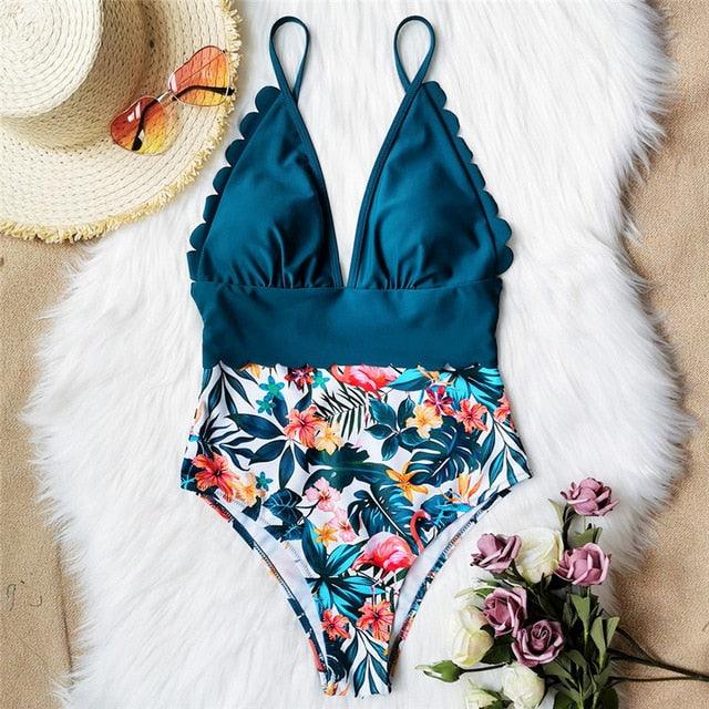 Great Sexy Floral Print Bodysuits - V Neck Swimsuit - One Piece Ruffled Women Swimwear - Bathing Suit (TB8D)