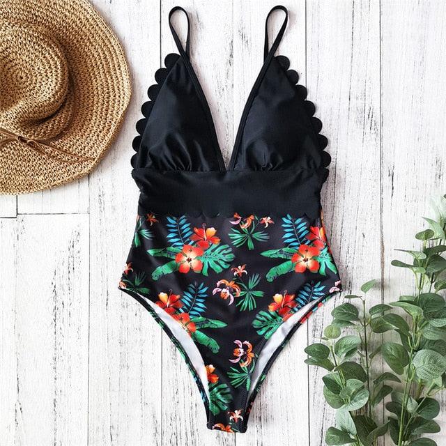 Great Sexy Floral Print Bodysuits - V Neck Swimsuit - One Piece Ruffled Women Swimwear - Bathing Suit (TB8D)