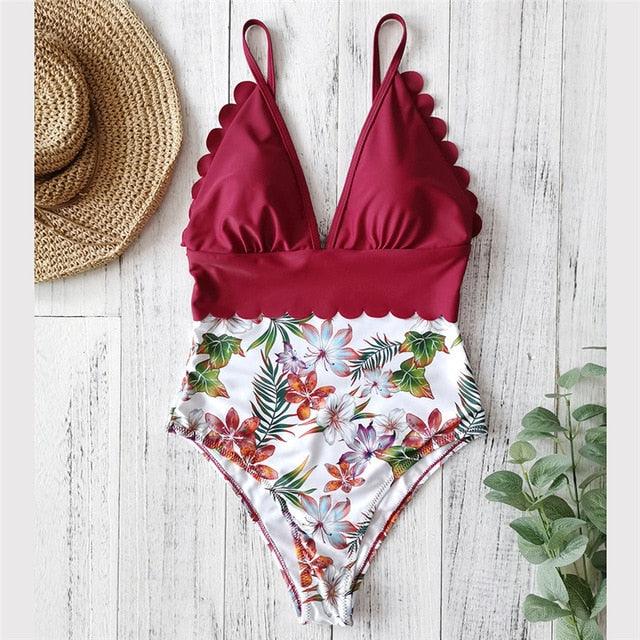 Great Sexy Floral Print Bodysuits - V Neck Swimsuit - One Piece Ruffled Women Swimwear - Bathing Suit (TB8D)