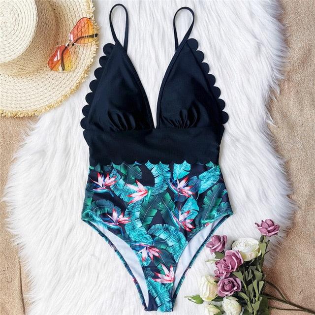 Great Sexy Floral Print Bodysuits - V Neck Swimsuit - One Piece Ruffled Women Swimwear - Bathing Suit (TB8D)