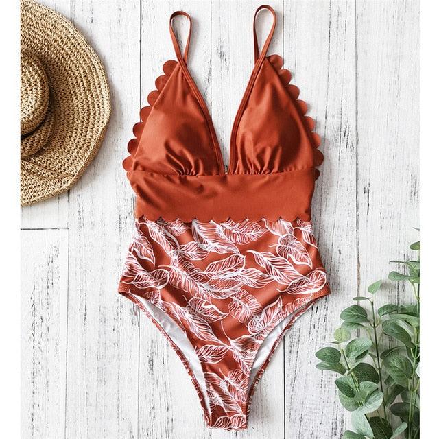 Great Sexy Floral Print Bodysuits - V Neck Swimsuit - One Piece Ruffled Women Swimwear - Bathing Suit (TB8D)