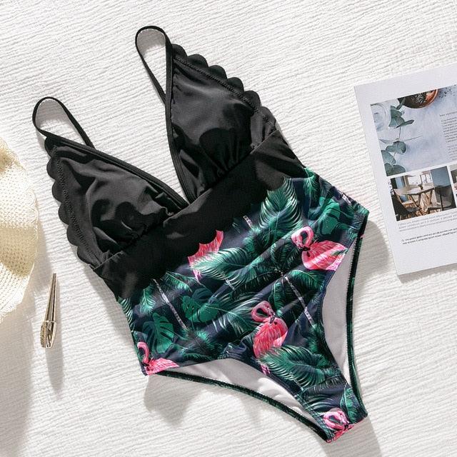 Great Sexy Floral Print Bodysuits - V Neck Swimsuit - One Piece Ruffled Women Swimwear - Bathing Suit (TB8D)