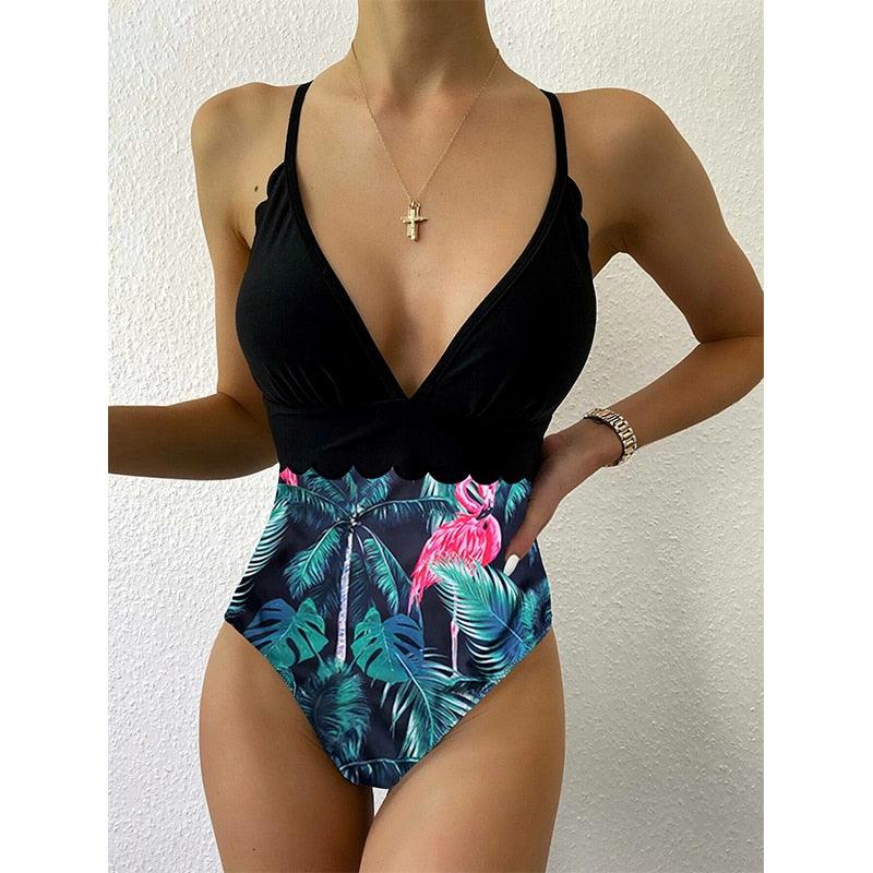 Great Sexy Floral Print Bodysuits - V Neck Swimsuit - One Piece Ruffled Women Swimwear - Bathing Suit (TB8D)