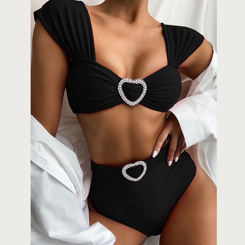 Beautiful High Waist Women Swimsuit - Bandeau Bikini Set - Shiny Rhinestones Swimwear - Bathing Suit (D26)(TB8D)