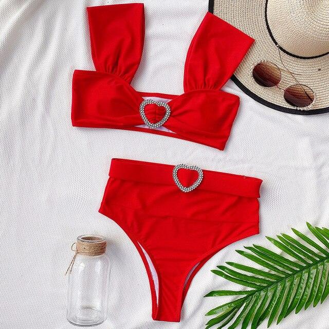 Beautiful High Waist Women Swimsuit - Bandeau Bikini Set - Shiny Rhinestones Swimwear - Bathing Suit (D26)(TB8D)