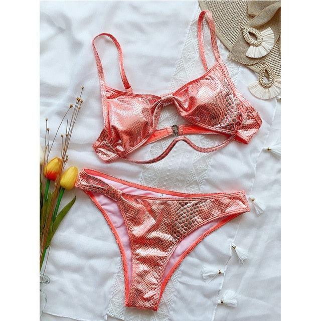 Trending Shiny Snake Print Swimsuit - Push Up swimwear - Women 2 Pieces Hollow Out Swimwear (D26)(TB8D)