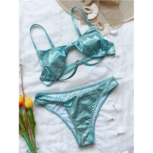 Trending Shiny Snake Print Swimsuit - Push Up swimwear - Women 2 Pieces Hollow Out Swimwear (D26)(TB8D)