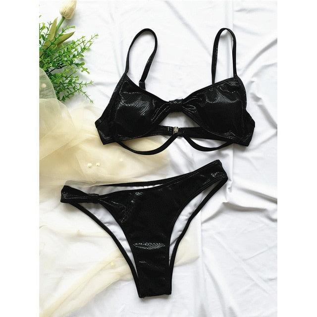 Trending Shiny Snake Print Swimsuit - Push Up swimwear - Women 2 Pieces Hollow Out Swimwear (D26)(TB8D)