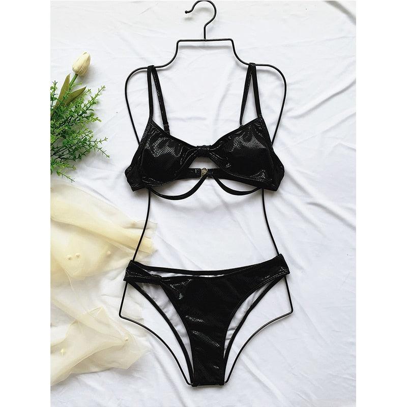 Trending Shiny Snake Print Swimsuit - Push Up swimwear - Women 2 Pieces Hollow Out Swimwear (D26)(TB8D)