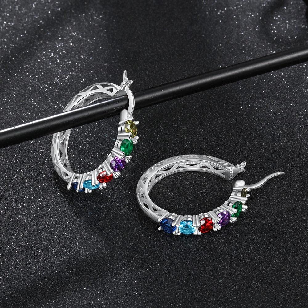 Personalized 925 Sterling Silver Hoop Earrings - Women Custom 6 Birthstones Statement Earrings (2JW3)