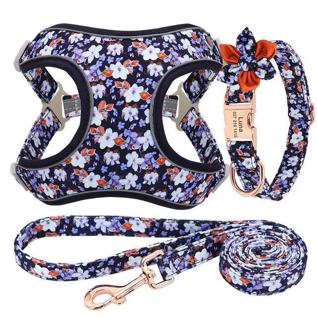 Personalized Nylon Dog Collar Harness Leash Set - Reflective Dog Vest Custom Pet ID Collars (1W1)(2W1)(3W1)