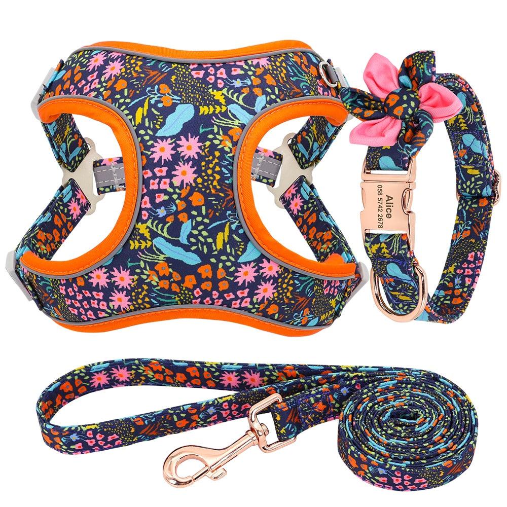Personalized Nylon Dog Collar Harness Leash Set - Reflective Dog Vest Custom Pet ID Collars (1W1)(2W1)(3W1)