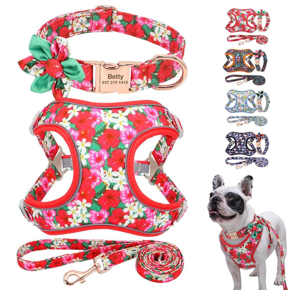 Personalized Nylon Dog Collar Harness Leash Set - Reflective Dog Vest Custom Pet ID Collars (1W1)(2W1)(3W1)
