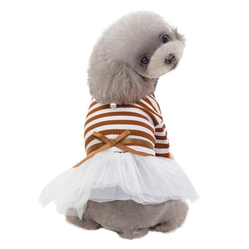 Pet Dog Stripes Pearls Gauze Tutu Dress Skirt - Puppy Cat Princess Dress Clothes (2U69)