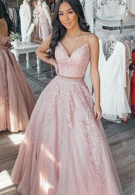 Gorgeous Two Pieces Lace Long Prom Gown - Formal Dress - V-neck Spaghetti Strap (D18)(WSO3)(WSO4)(WSO5)