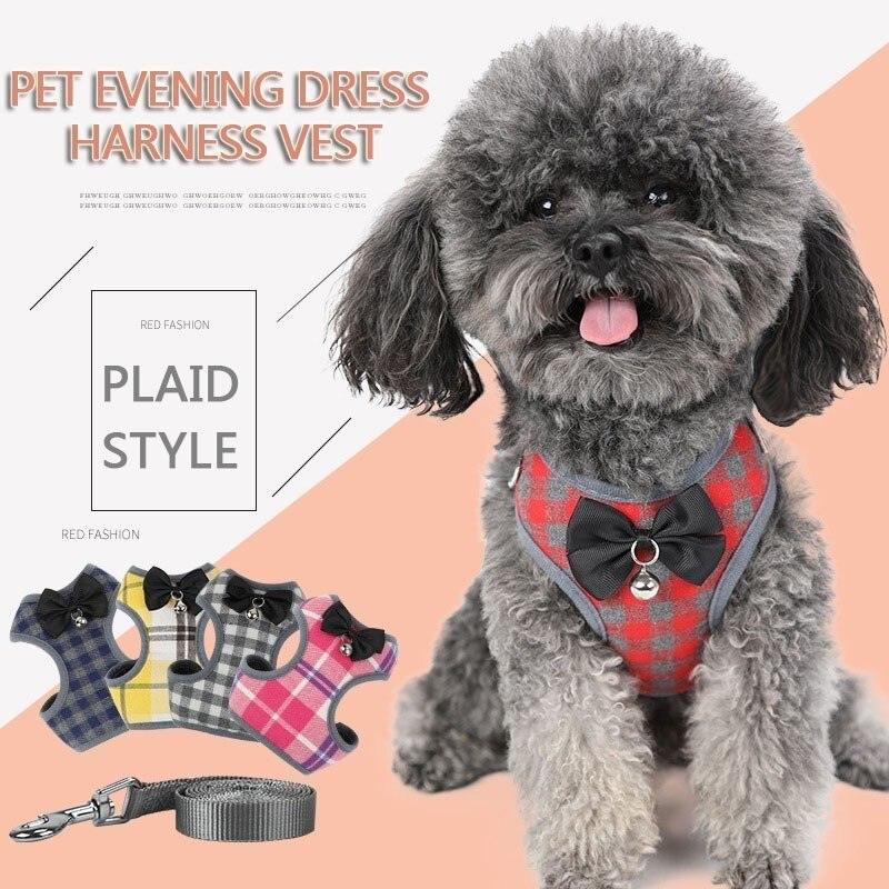 Plaid Evening Dress Small Dog Harness Vest With Leash Pitbull Mesh Puppy Harness Beagle Pet Accessories (3W1)(2W1)(F70)
