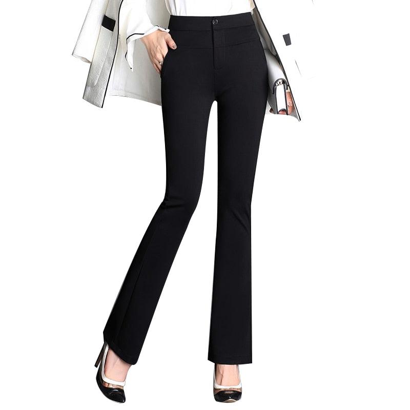 New Plus Size Cotton Flare Pants - Women High Waist Elastic Long Trousers - Female Office Work Suit (BP)(F25)