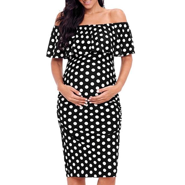 Plus Size Vintage Maternity Dress - Dotting Printing Off Shoulder Sexy Pregnancy Dress (1U5)(Z7)(Z9)(1Z1)(3Z1)