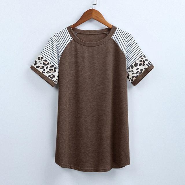 Women Summer O-Neck Short Sleeve T shirts - Loose Sexy Leopard stripe - Plus Size Tops (D19)(TB2)