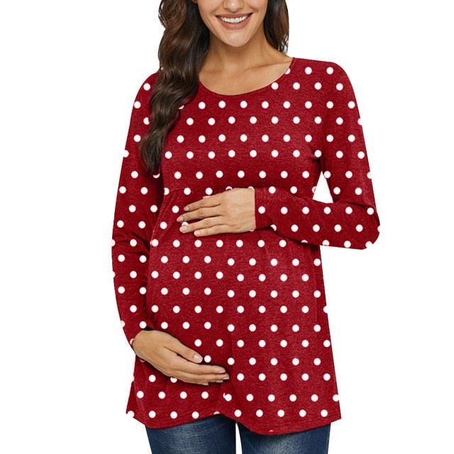 Gorgeous Fashion Polka Dot Maternity Tunic Ladies Tops - Women Tee Shirt Ruffles - Plus Size (1U4)(Z1)