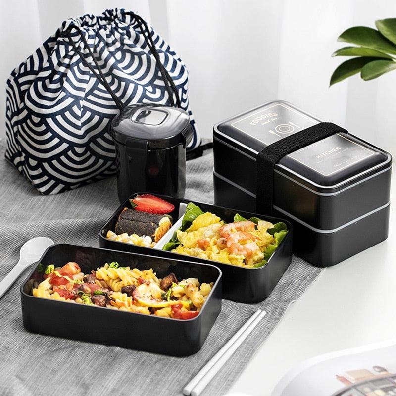Portable Rectangular Lunch Box - Double Plastic with Compartments Bento Box 1200ml Microwave Tableware (2AK1)