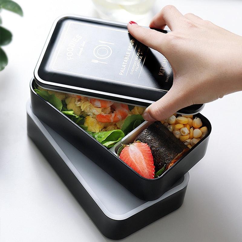 Portable Rectangular Lunch Box - Double Plastic with Compartments Bento Box 1200ml Microwave Tableware (2AK1)