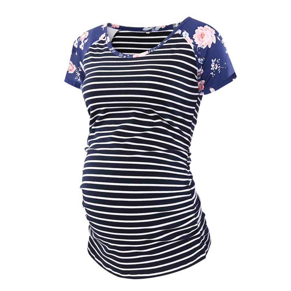 Great Pregnancy T-Shirt - Casual Maternity Tops - Maternity Print Striped Top - Short Sleeve - Tee Summer Maternity Clothes (1U4)(Z1)