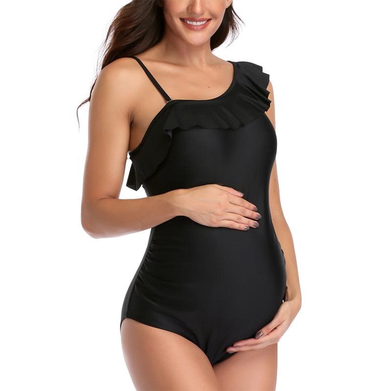 Pregnant Woman Swimsuit - Maternity Sexy Solid One-Shoulder Solid Printed Swimsuit -Ruffle Print Split Bikini Pregnant Swimwear S-5XL (Z5)