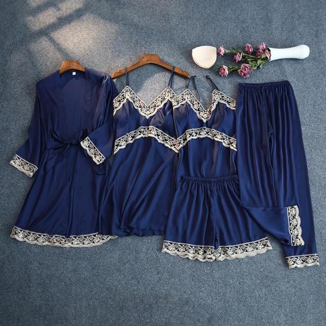 Trending Gorgeous Print Pajamas Set - Silky Women 5 Piece Sleepwear - Satin Lace Lounge with Belt Chest Pads (ZP4)(ZP1)(2U90)