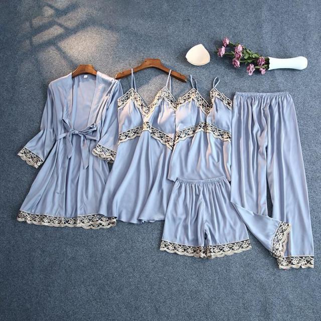 Trending Gorgeous Print Pajamas Set - Silky Women 5 Piece Sleepwear - Satin Lace Lounge with Belt Chest Pads (ZP4)(ZP1)(2U90)