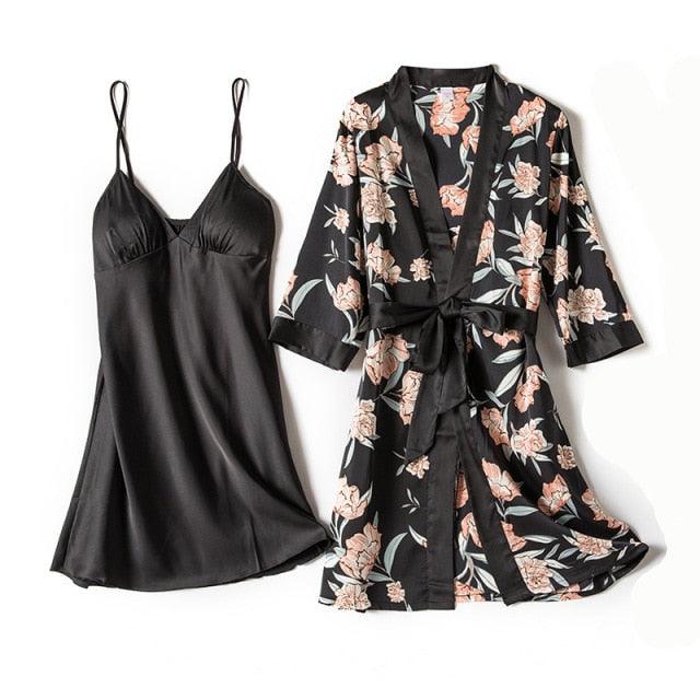 Trending Gorgeous Print Pajamas Set - Silky Women 5 Piece Sleepwear - Satin Lace Lounge with Belt Chest Pads (ZP4)(ZP1)(2U90)