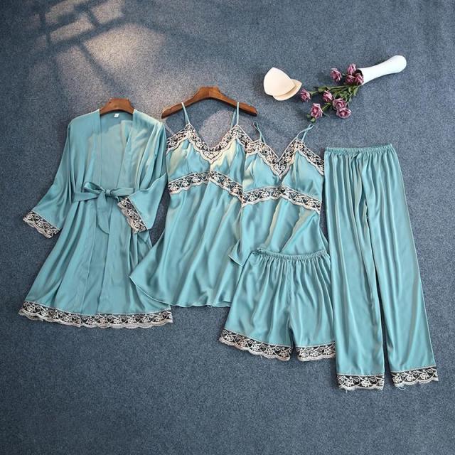 Trending Gorgeous Print Pajamas Set - Silky Women 5 Piece Sleepwear - Satin Lace Lounge with Belt Chest Pads (ZP4)(ZP1)(2U90)