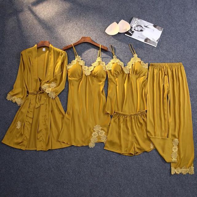 Trending Gorgeous Print Pajamas Set - Silky Women 5 Piece Sleepwear - Satin Lace Lounge with Belt Chest Pads (ZP4)(ZP1)(2U90)