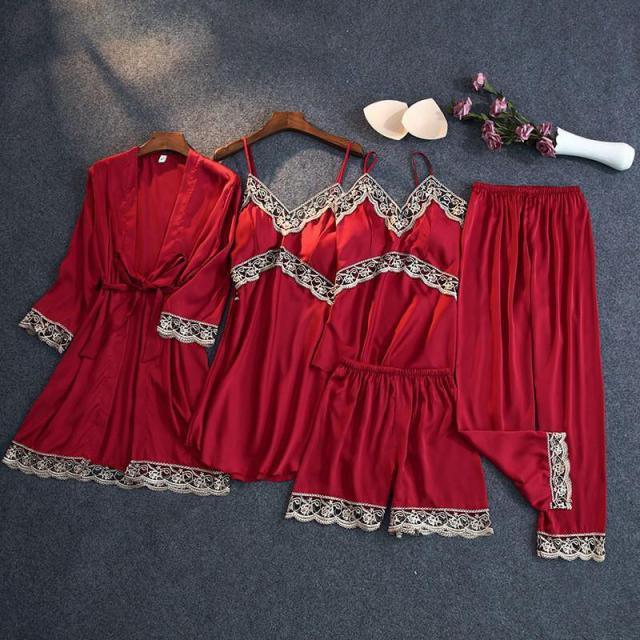 Trending Gorgeous Print Pajamas Set - Silky Women 5 Piece Sleepwear - Satin Lace Lounge with Belt Chest Pads (ZP4)(ZP1)(2U90)