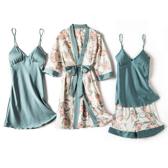 Trending Gorgeous Print Pajamas Set - Silky Women 5 Piece Sleepwear - Satin Lace Lounge with Belt Chest Pads (ZP4)(ZP1)(2U90)