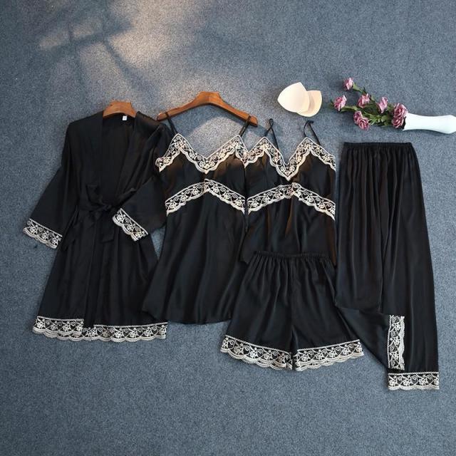 Trending Gorgeous Print Pajamas Set - Silky Women 5 Piece Sleepwear - Satin Lace Lounge with Belt Chest Pads (ZP4)(ZP1)(2U90)