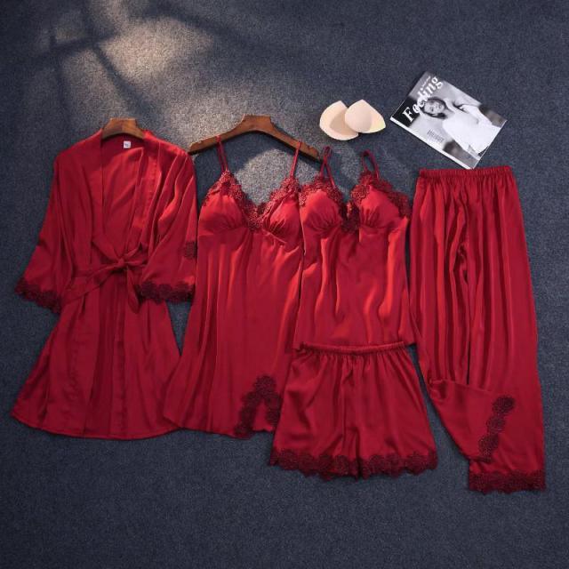 Trending Gorgeous Print Pajamas Set - Silky Women 5 Piece Sleepwear - Satin Lace Lounge with Belt Chest Pads (ZP4)(ZP1)(2U90)