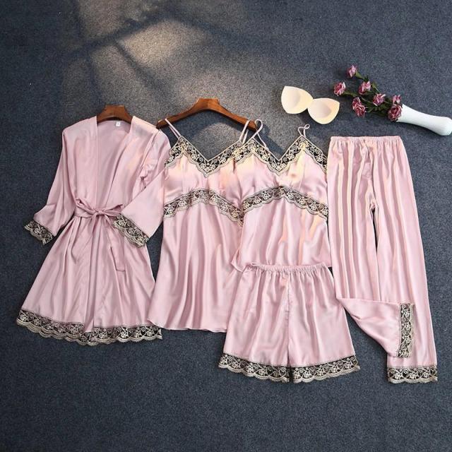 Trending Gorgeous Print Pajamas Set - Silky Women 5 Piece Sleepwear - Satin Lace Lounge with Belt Chest Pads (ZP4)(ZP1)(2U90)