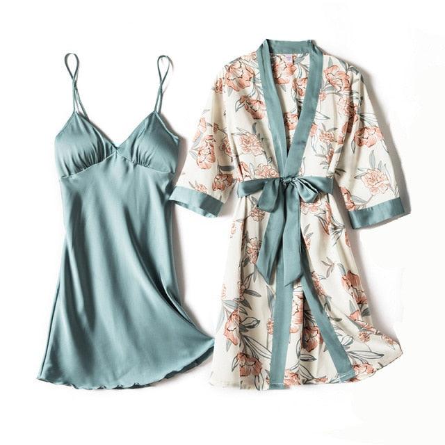 Trending Gorgeous Print Pajamas Set - Silky Women 5 Piece Sleepwear - Satin Lace Lounge with Belt Chest Pads (ZP4)(ZP1)(2U90)