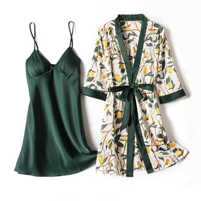 Trending Gorgeous Print Pajamas Set - Silky Women 5 Piece Sleepwear - Satin Lace Lounge with Belt Chest Pads (ZP4)(ZP1)(2U90)