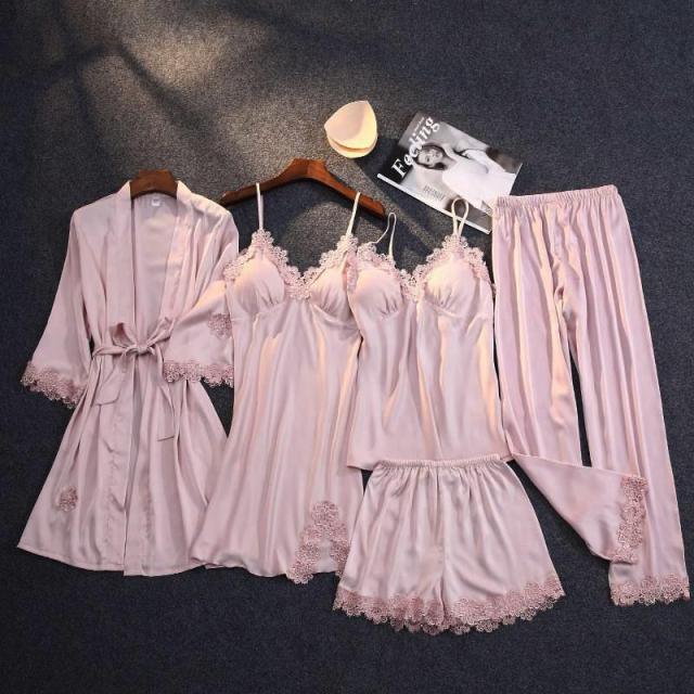 Trending Gorgeous Print Pajamas Set - Silky Women 5 Piece Sleepwear - Satin Lace Lounge with Belt Chest Pads (ZP4)(ZP1)(2U90)