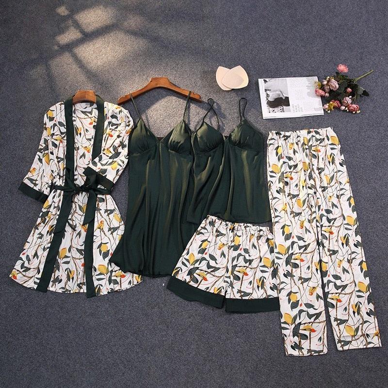 Trending Gorgeous Print Pajamas Set - Silky Women 5 Piece Sleepwear - Satin Lace Lounge with Belt Chest Pads (ZP4)(ZP1)(2U90)