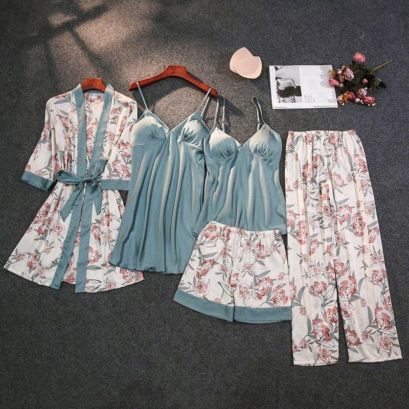 Trending Gorgeous Print Pajamas Set - Silky Women 5 Piece Sleepwear - Satin Lace Lounge with Belt Chest Pads (ZP4)(ZP1)(2U90)