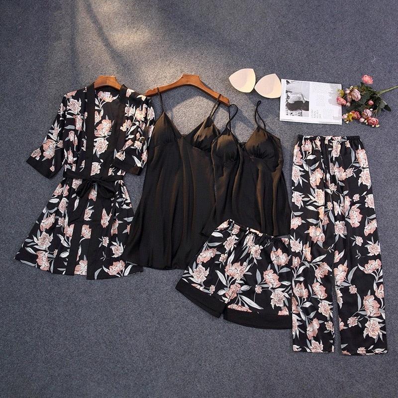 Trending Gorgeous Print Pajamas Set - Silky Women 5 Piece Sleepwear - Satin Lace Lounge with Belt Chest Pads (ZP4)(ZP1)(2U90)