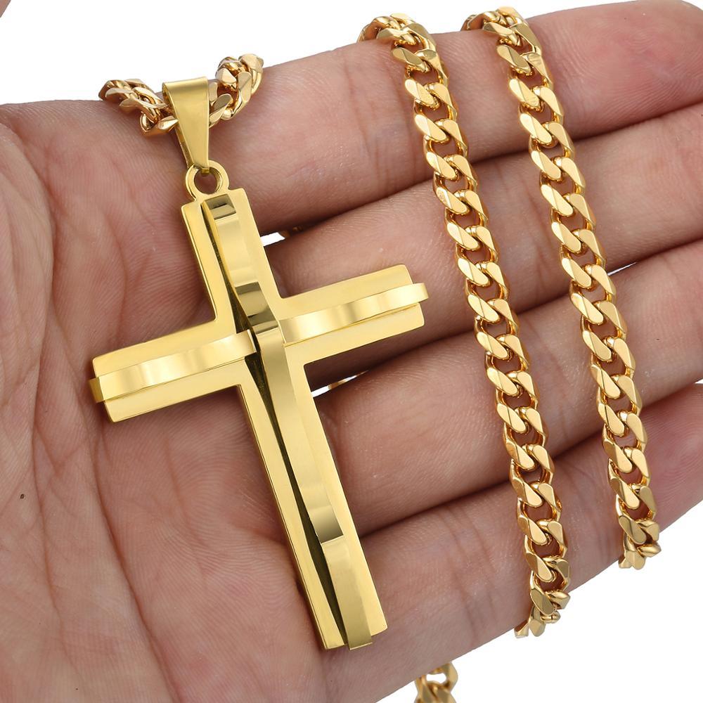 Punk Miami 2Pcs/Set - Gold Color Big Cross Pendant Necklace - Stainless Steel Curb Cuban Link Chain (2U83)