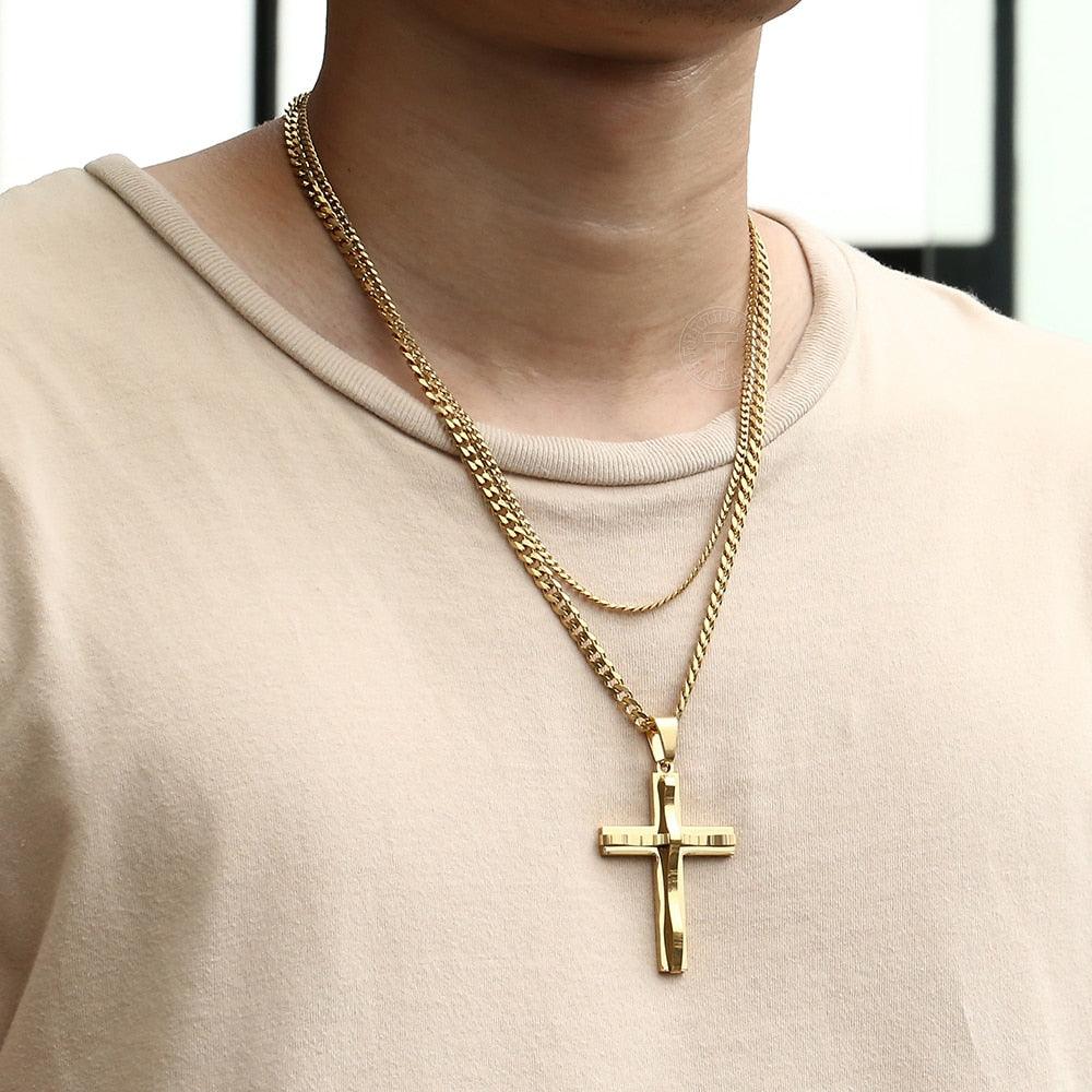 Punk Miami 2Pcs/Set - Gold Color Big Cross Pendant Necklace - Stainless Steel Curb Cuban Link Chain (2U83)
