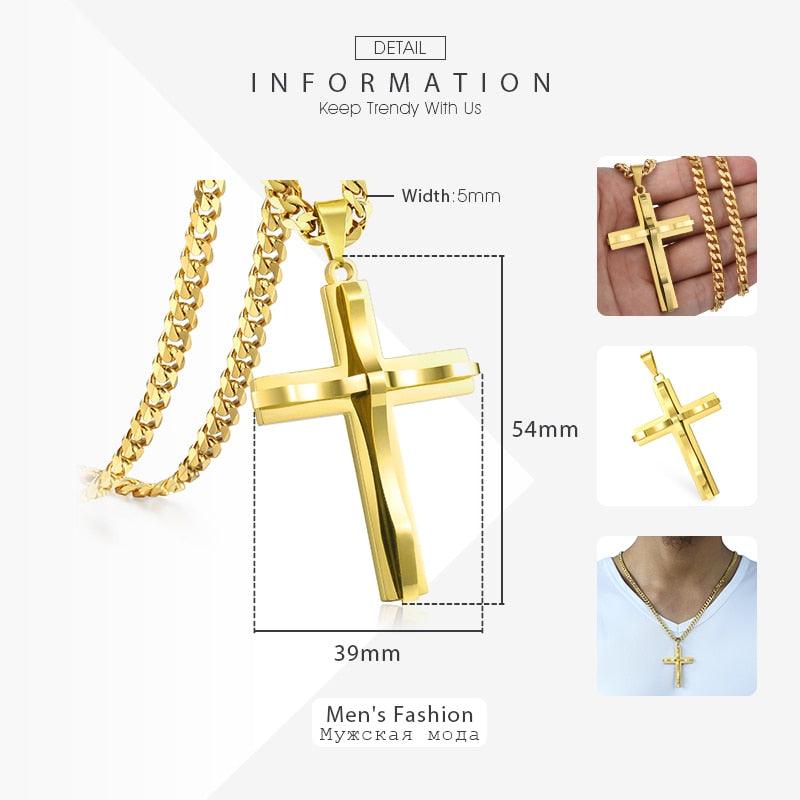 Punk Miami 2Pcs/Set - Gold Color Big Cross Pendant Necklace - Stainless Steel Curb Cuban Link Chain (2U83)